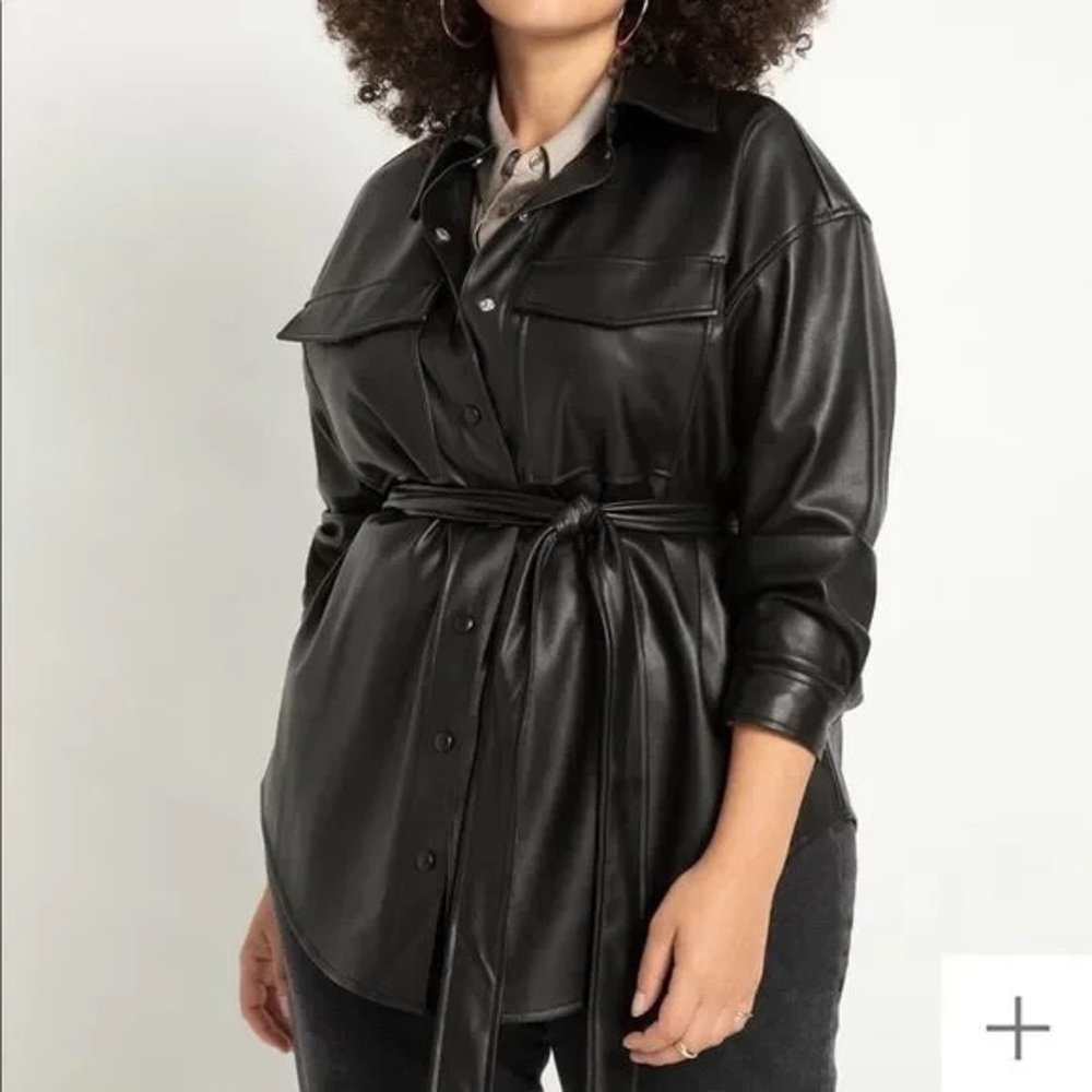 Eloquii Black Faux Vegan Leather Button Down Belted Shacket Size 24